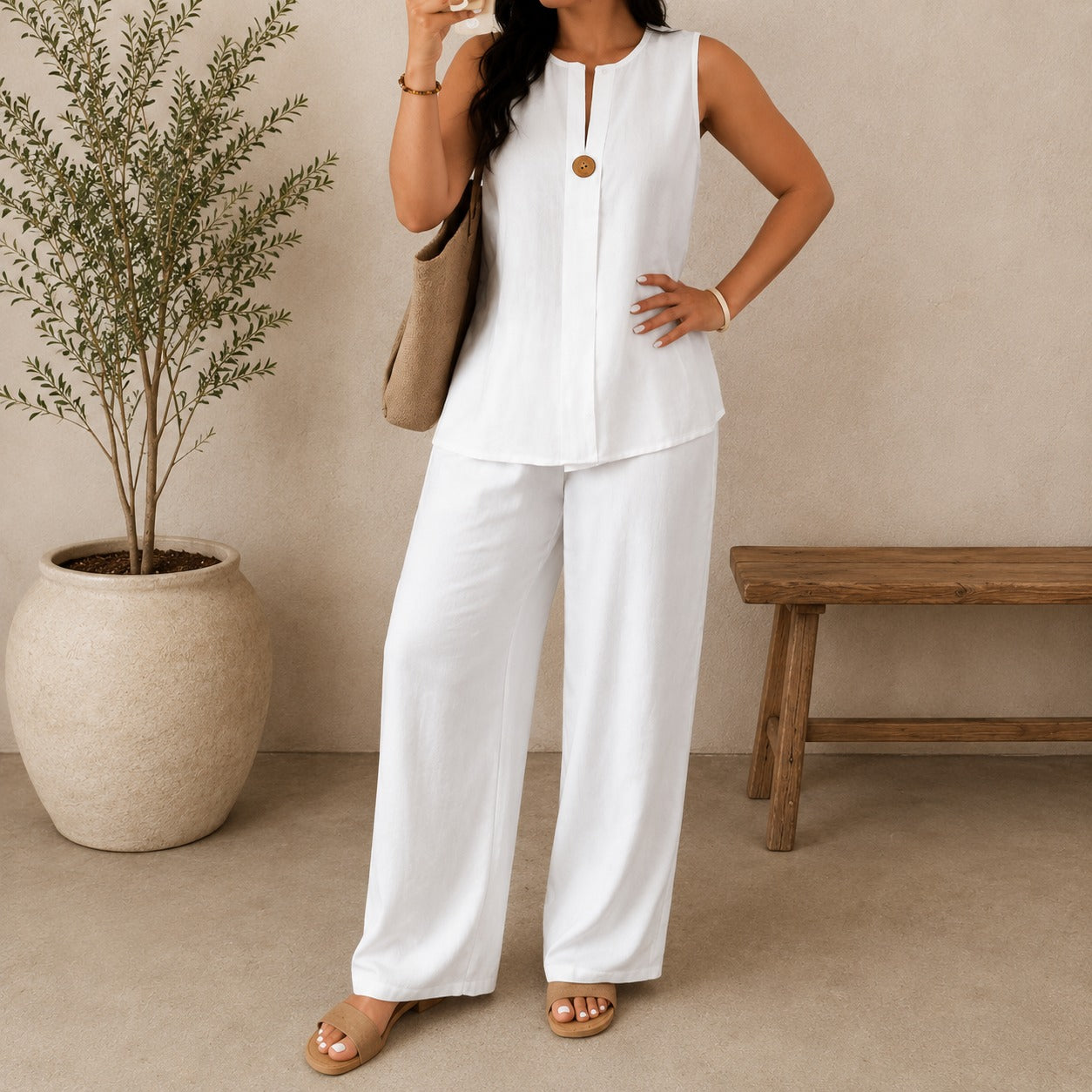 Conjunto Yasmin- Blusa Abertura Frontal com Decote e Calça Pantalona