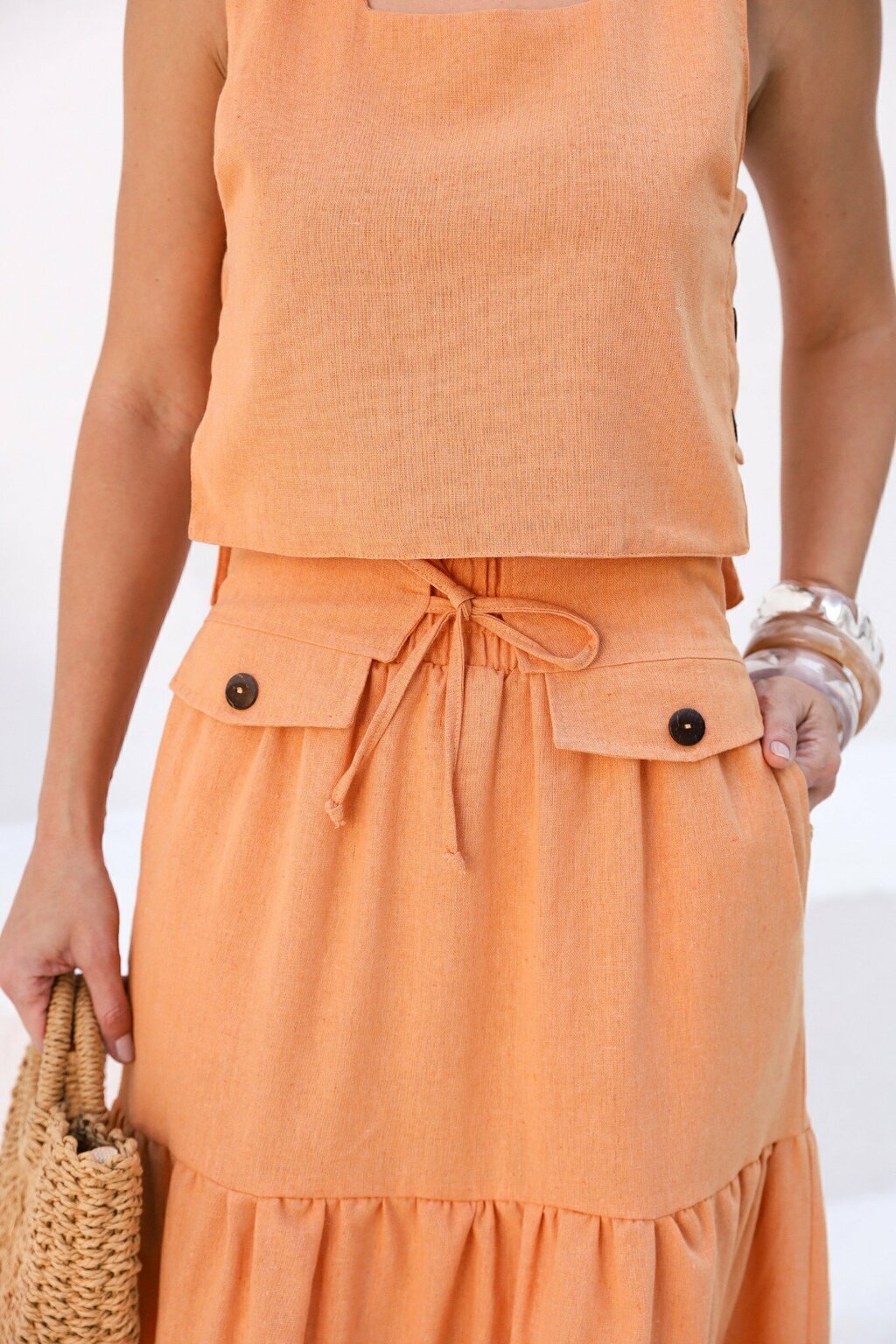 Conjunto Feminino Luiza- Saia longa e Regata com Botões em linho + Frete grátis