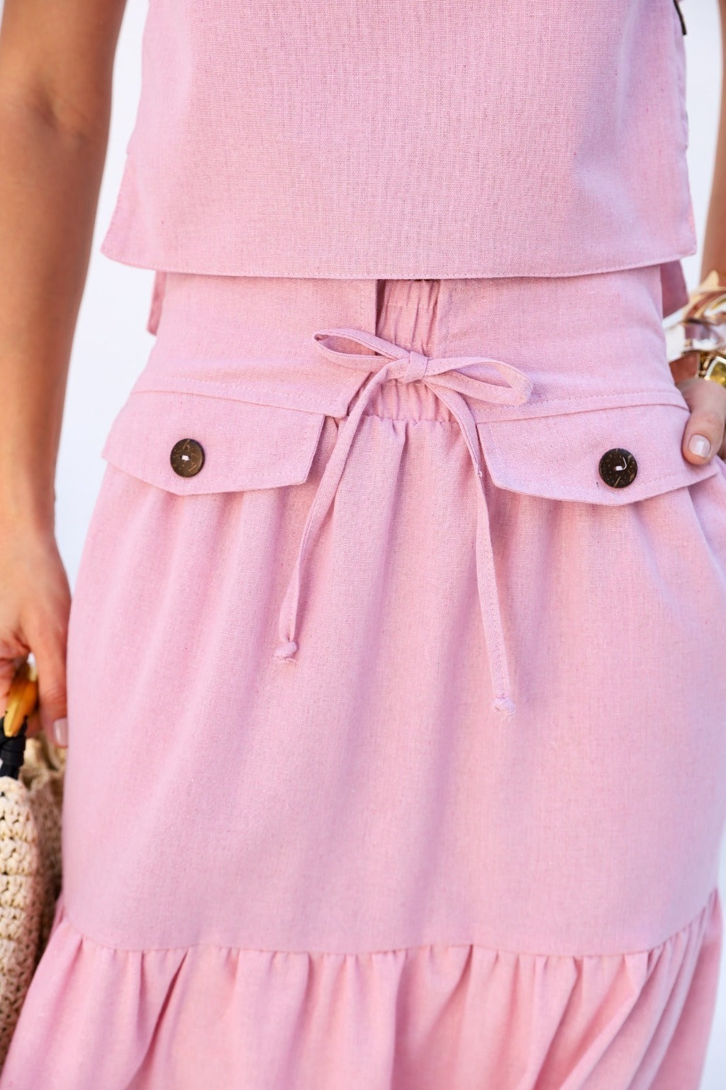 Conjunto Feminino Luiza- Saia longa e Regata com Botões em linho + Frete grátis