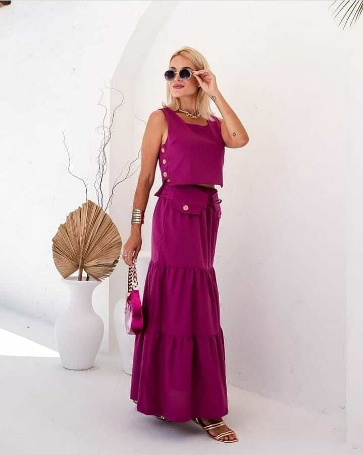 Conjunto Feminino Luiza- Saia longa e Regata com Botões em linho + Frete grátis