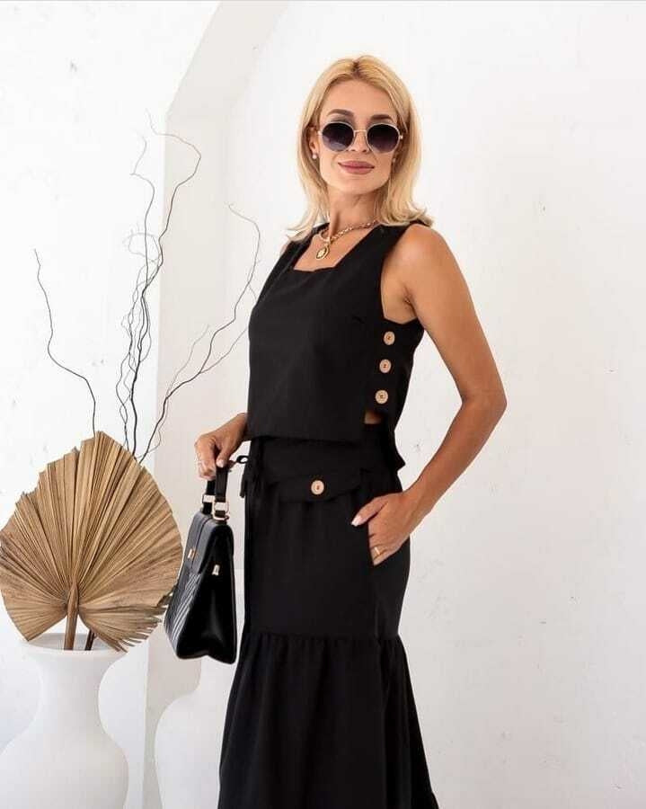 Conjunto Feminino Luiza- Saia longa e Regata com Botões em linho + Frete grátis