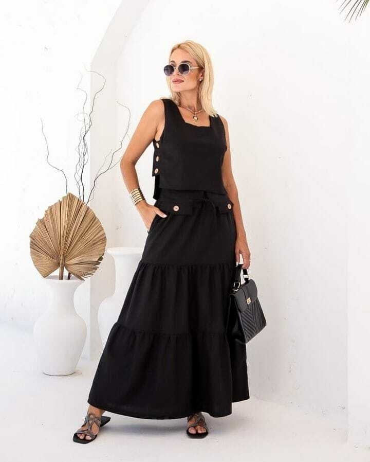 Conjunto Feminino Luiza- Saia longa e Regata com Botões em linho + Frete grátis