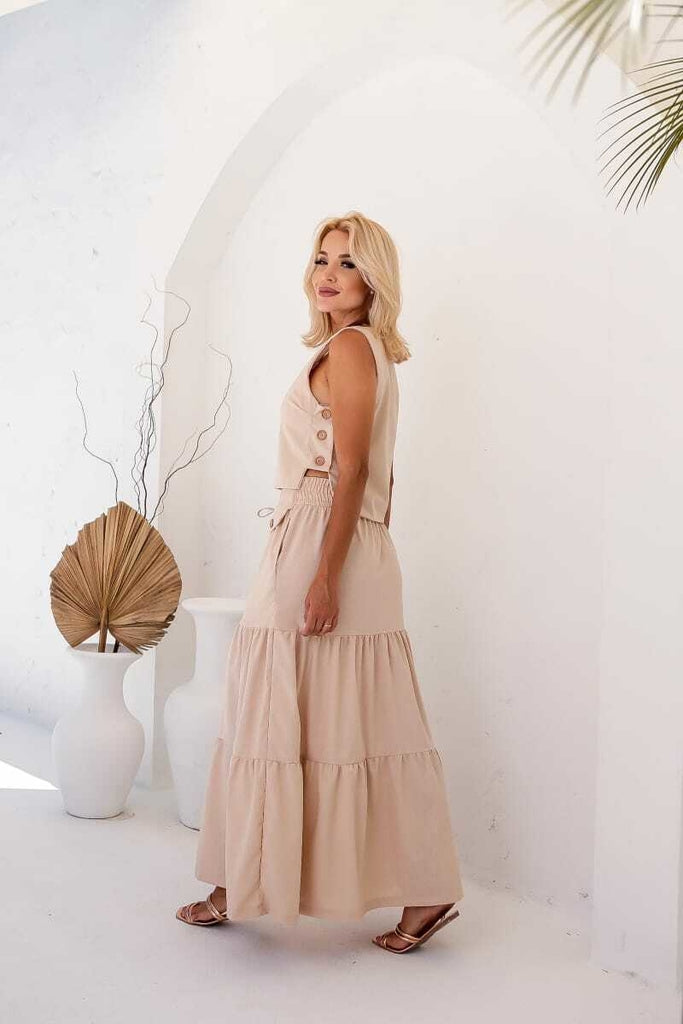 Conjunto Feminino Luiza- Saia longa e Regata com Botões em linho + Frete grátis