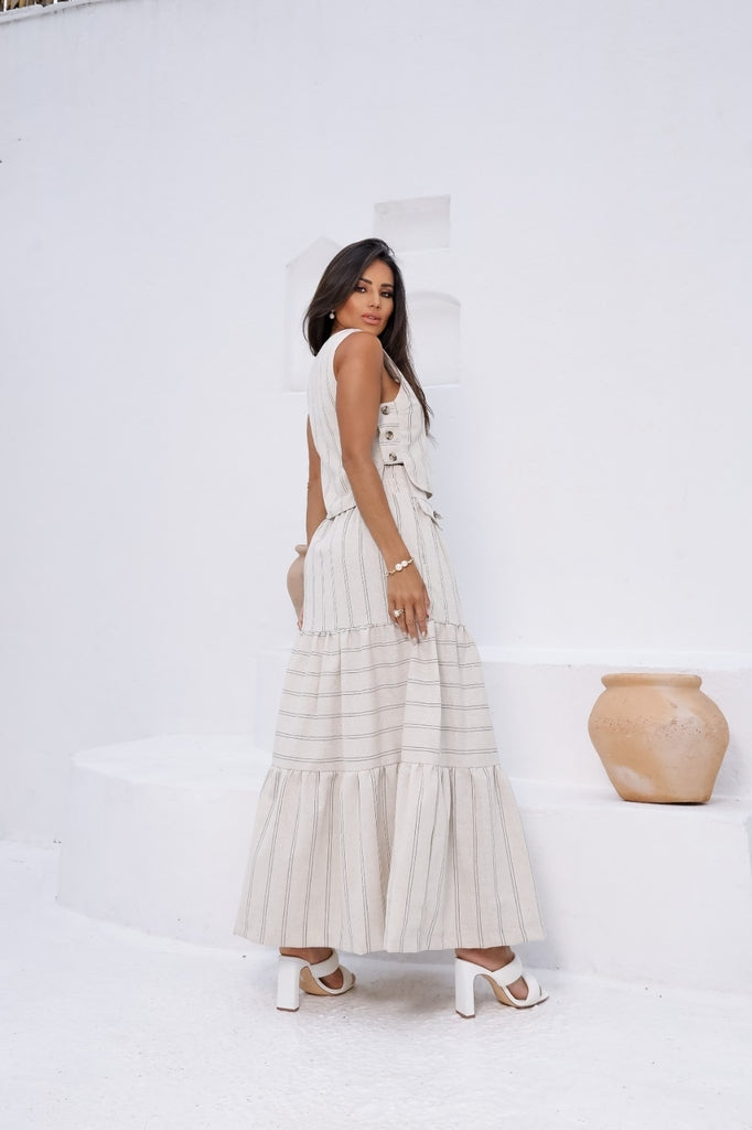 Conjunto Feminino Luiza- Saia longa e Regata com Botões em linho + Frete grátis
