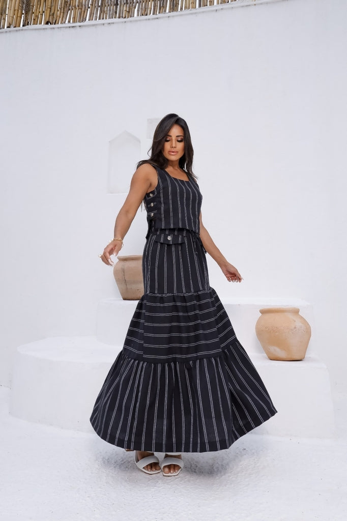 Conjunto Feminino Luiza- Saia longa e Regata com Botões em linho + Frete grátis