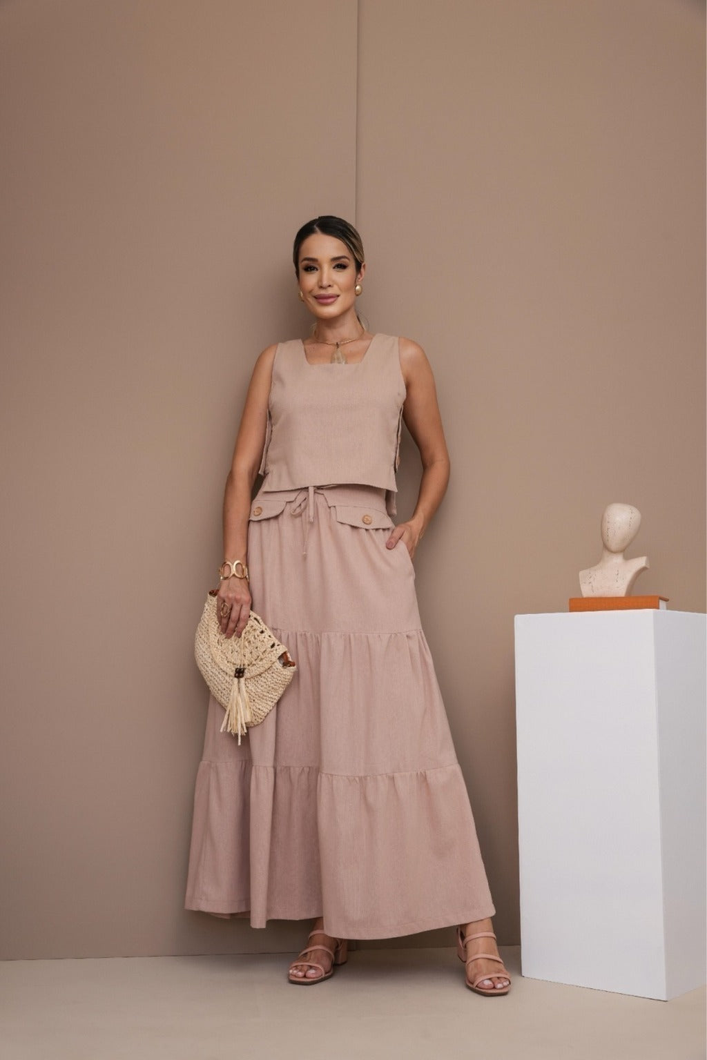 Conjunto Feminino Luiza- Saia longa e Regata com Botões em linho + Frete grátis