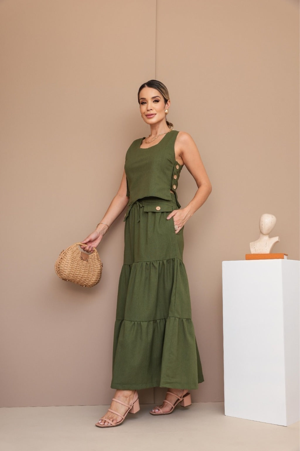 Conjunto Feminino Luiza- Saia longa e Regata com Botões em linho + Frete grátis