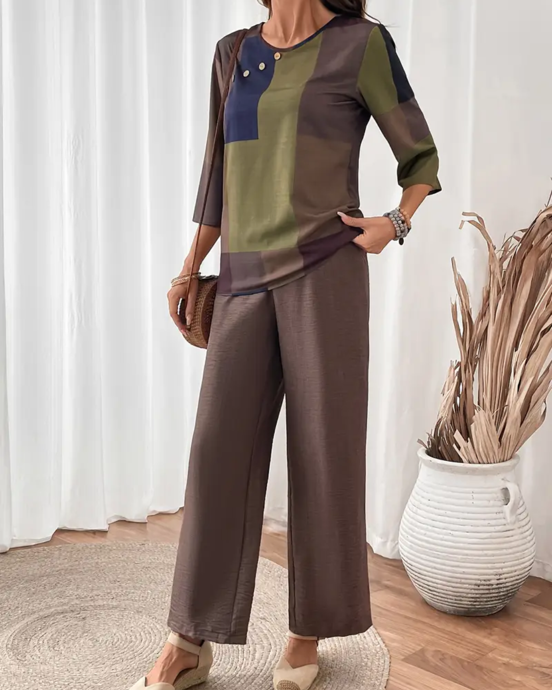 Conjunto em Viscolinho Mel- Fluído e Moderno +Frete Grátis