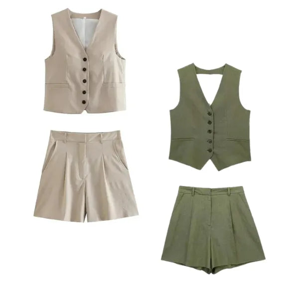 Conjunto Feminino Carolina em Alfaiataria - Colete e Shorts no Linho (Promoção Compre 1 Leve 2)