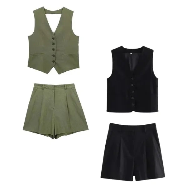 Conjunto Feminino Carolina em Alfaiataria - Colete e Shorts no Linho (Promoção Compre 1 Leve 2)