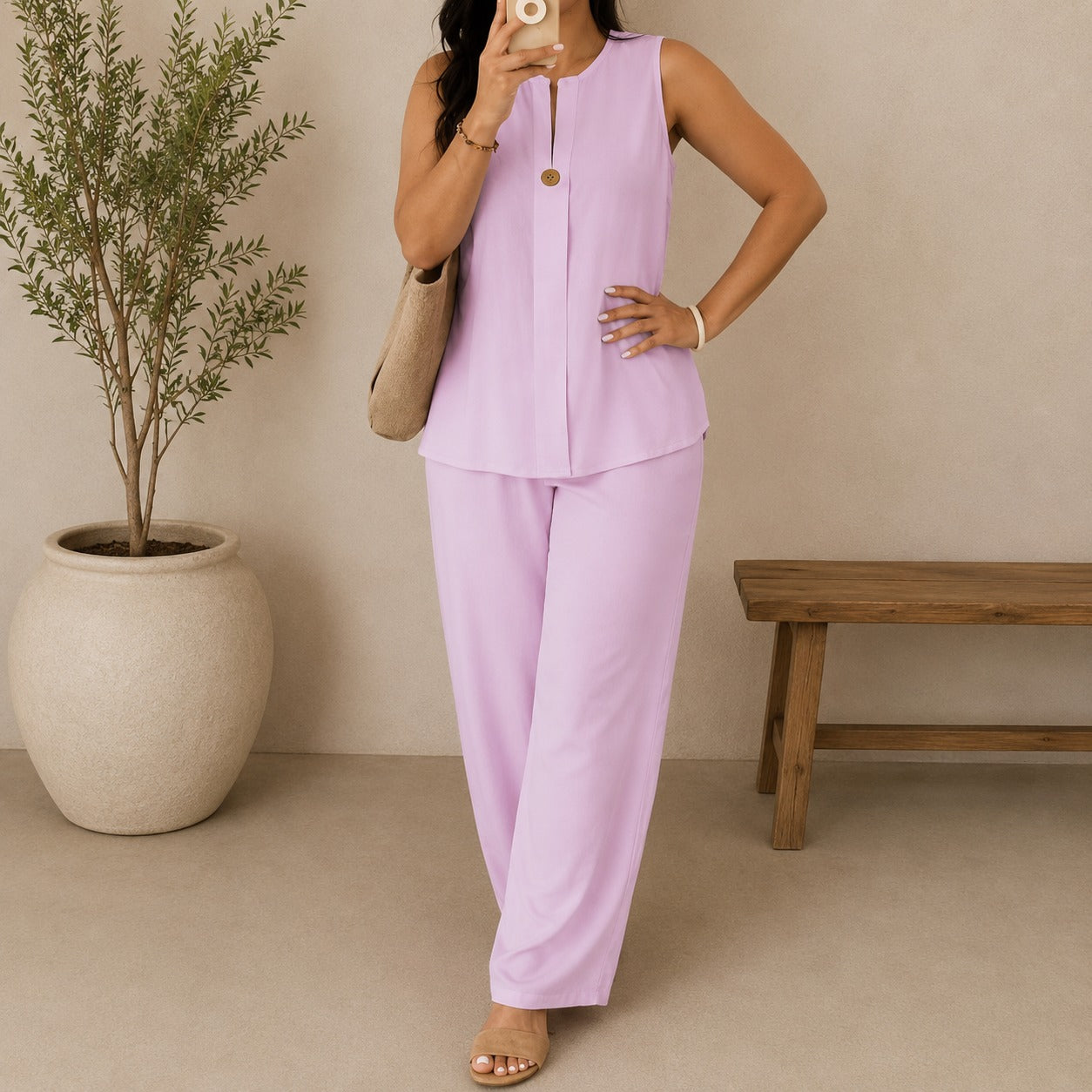 Conjunto Yasmin- Blusa Abertura Frontal com Decote e Calça Pantalona