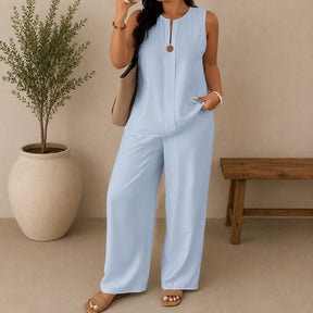 Conjunto Yasmin- Blusa Abertura Frontal com Decote e Calça Pantalona