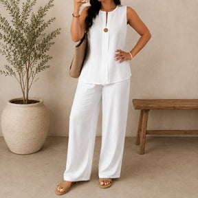 Conjunto Yasmin- Blusa Abertura Frontal com Decote e Calça Pantalona