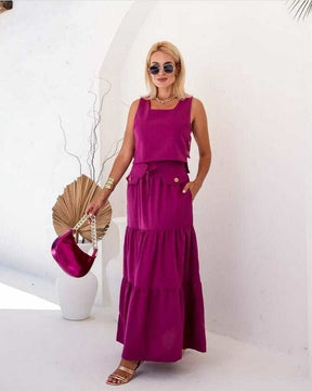Conjunto Feminino Luiza- Saia longa e Regata com Botões em linho