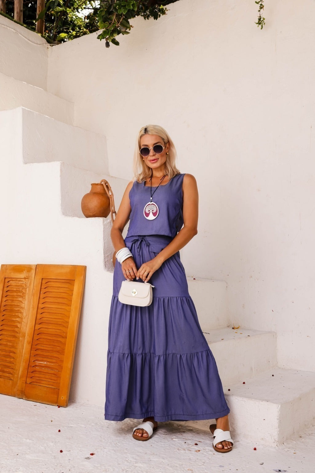 Conjunto Feminino Luiza- Saia longa e Regata com Botões em linho