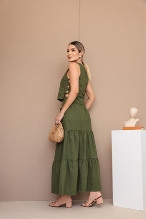 Conjunto Feminino Luiza- Saia longa e Regata com Botões em linho